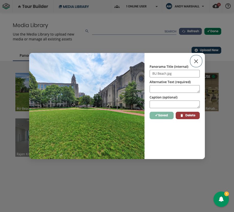 A Media Library item editor showing the Panorama Title (internal), Alternative Text (required), and Caption (optional) fields.