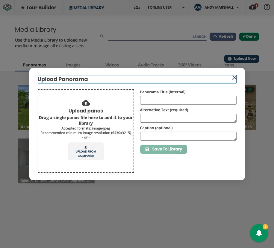The Upload Panorama window showing the Panorama Title (internal), Alternative Text (required), and Caption (optional) fields before information is entered.