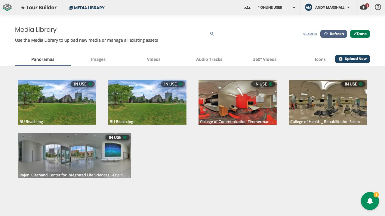 The Tour Builder Media Library showing tabs for Panoramas, Images, Videos, Audio Tracks, 360º Videos, and Icons.