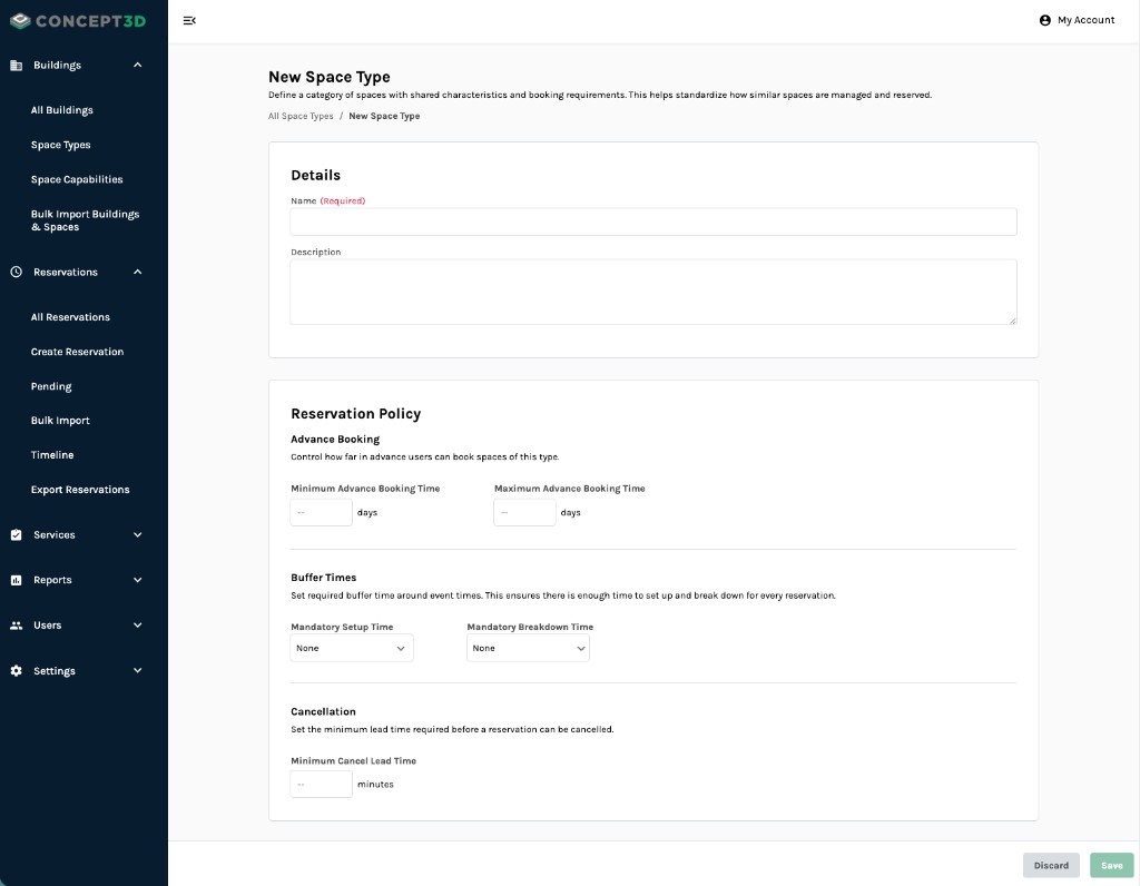 The New Space Type form showing the Details section with Name and Description fields, and the Reservation Policy section with Advance Booking, Buffer Times, and Cancellation settings