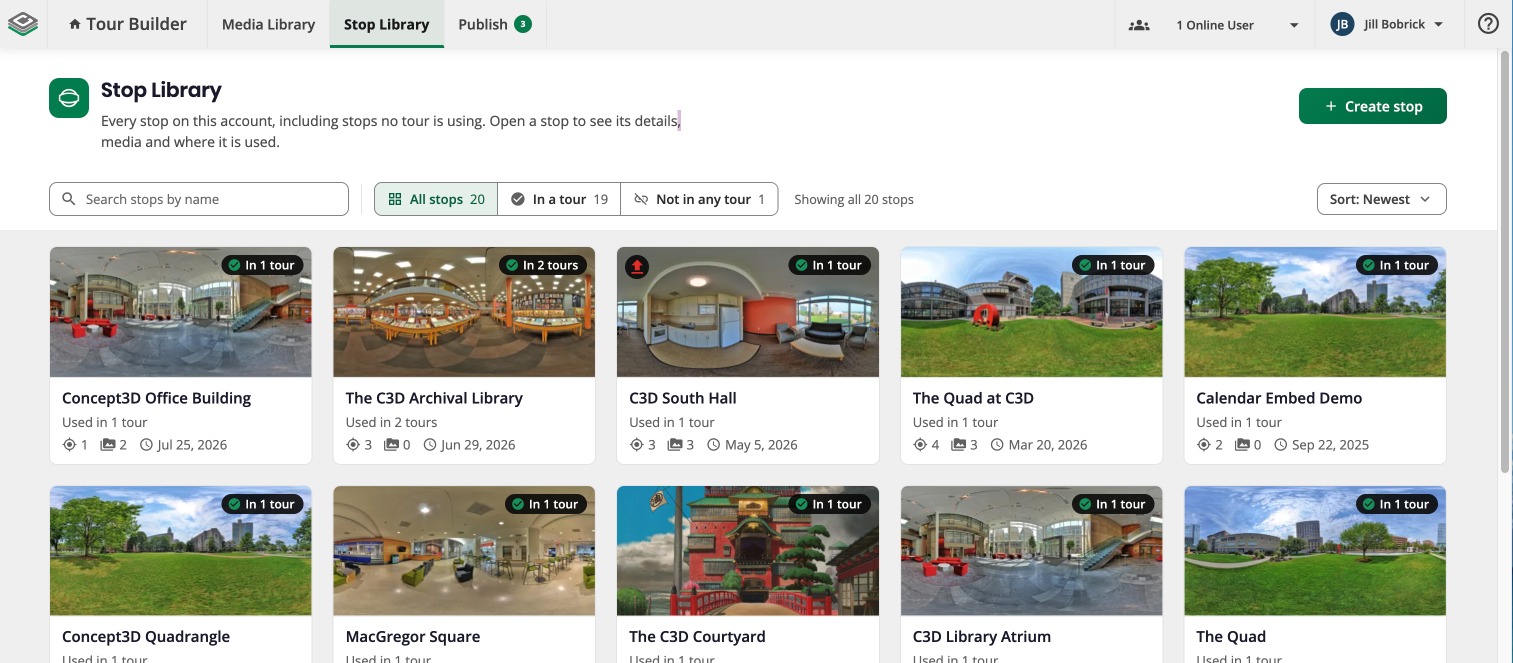 Tour Builder header with Media Library, Stop Library, and Publish