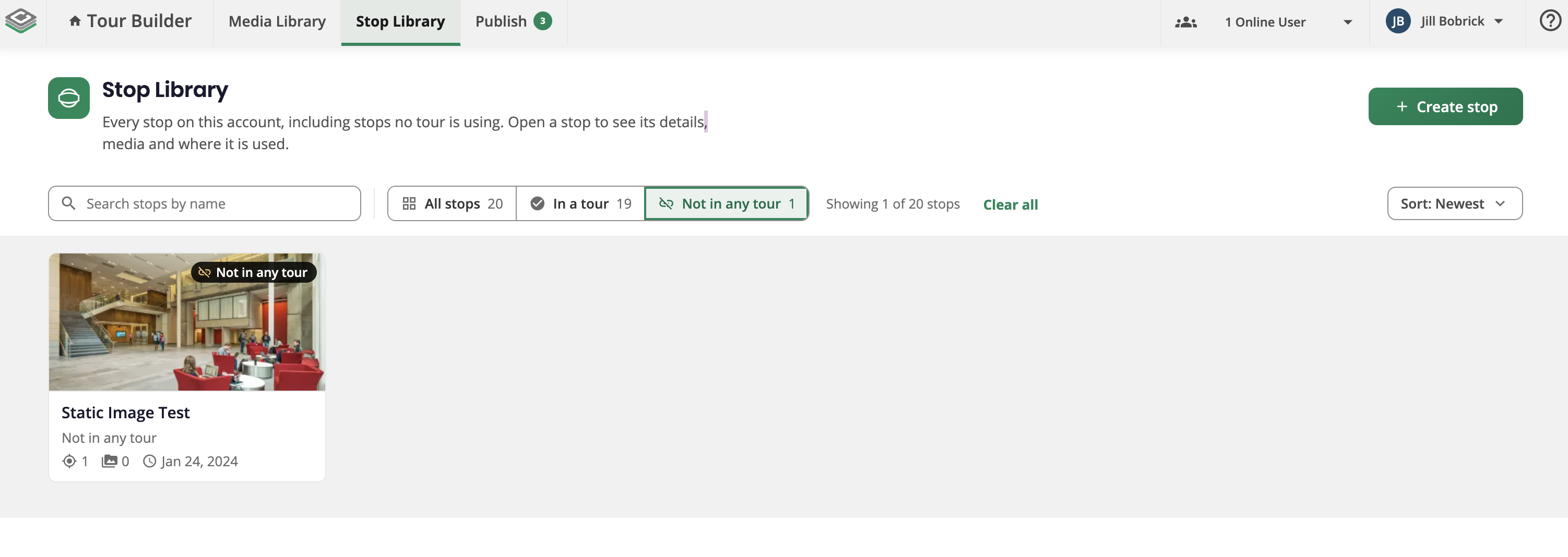Stop Library page with search, filters, and stop tiles