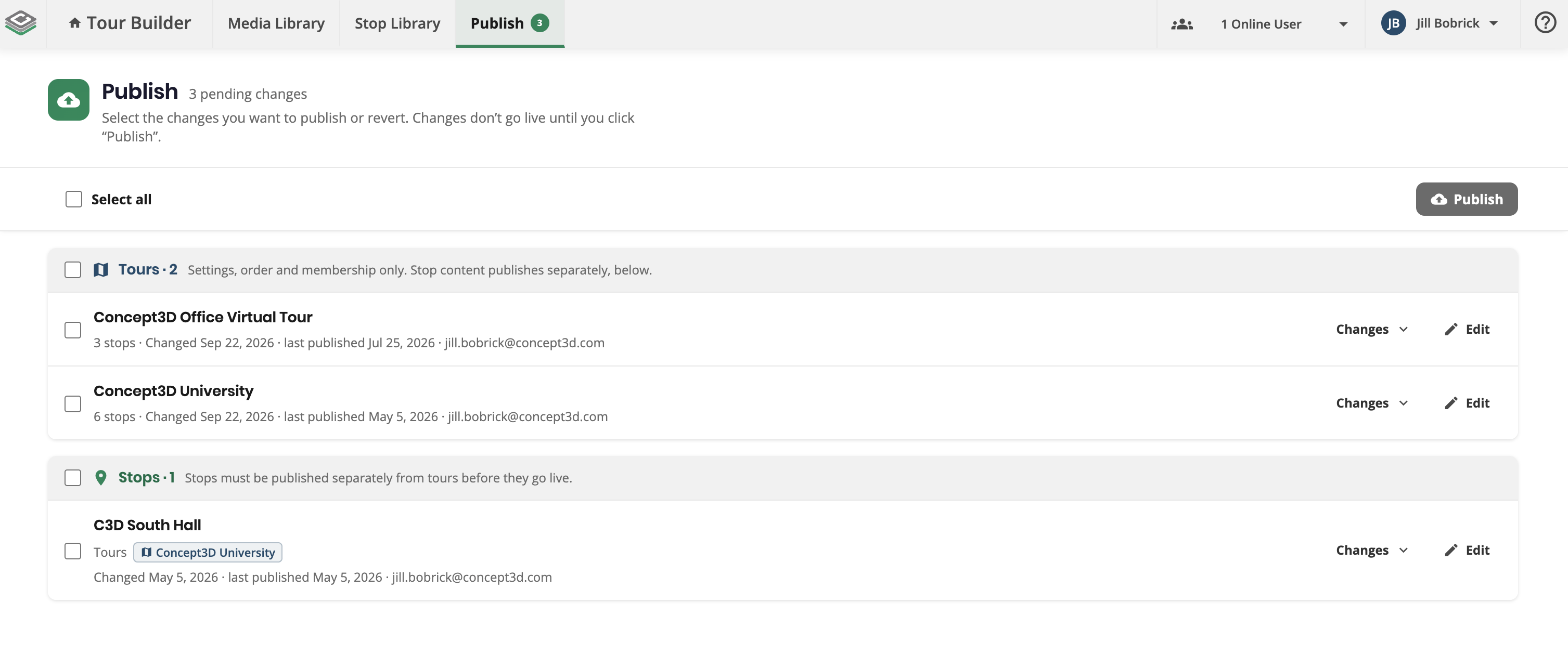 Tour Builder header with Media Library, Stop Library, and Publish