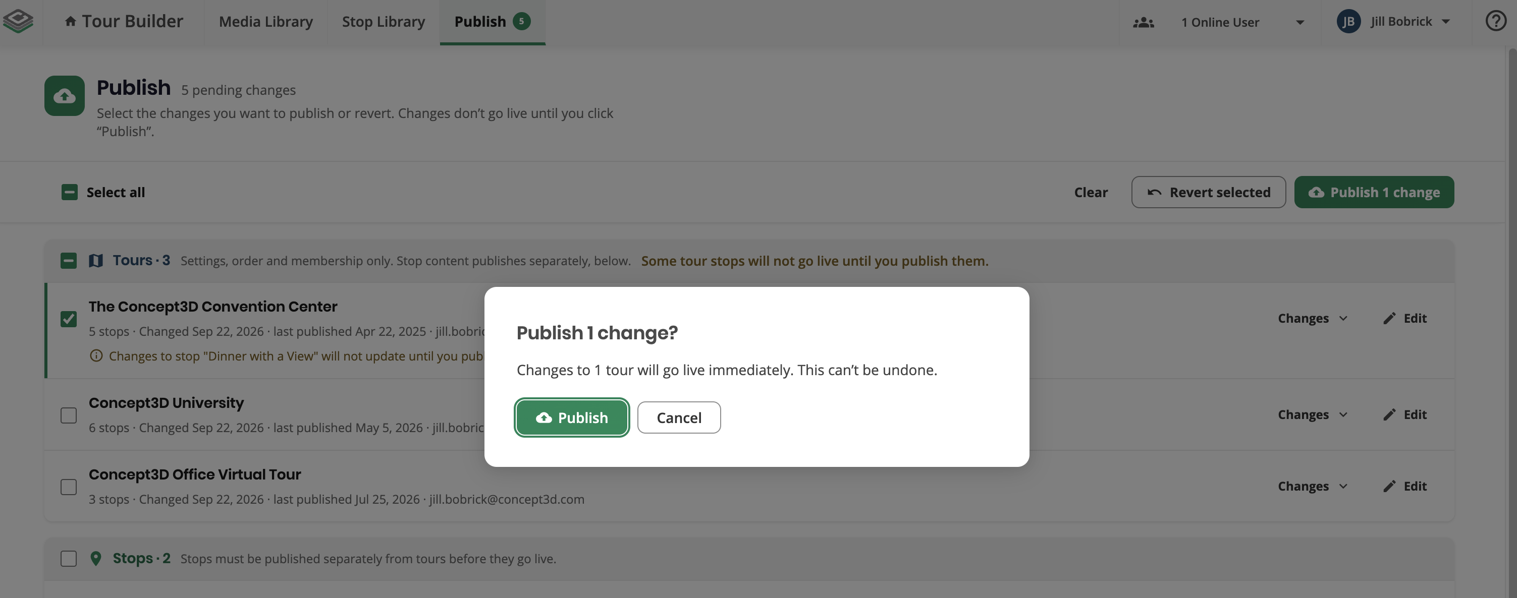Publish page in the Tour Builder header