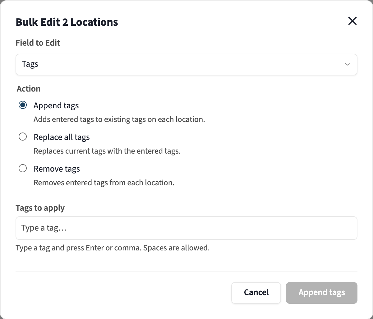 Bulk Edit Tags dialog for two locations, with Append, Replace, and Remove actions.