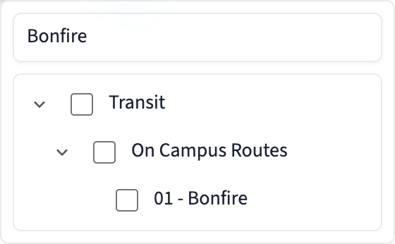 Category filter showing the expandable Transit, On Campus Routes, and 01 - Bonfire category hierarchy.