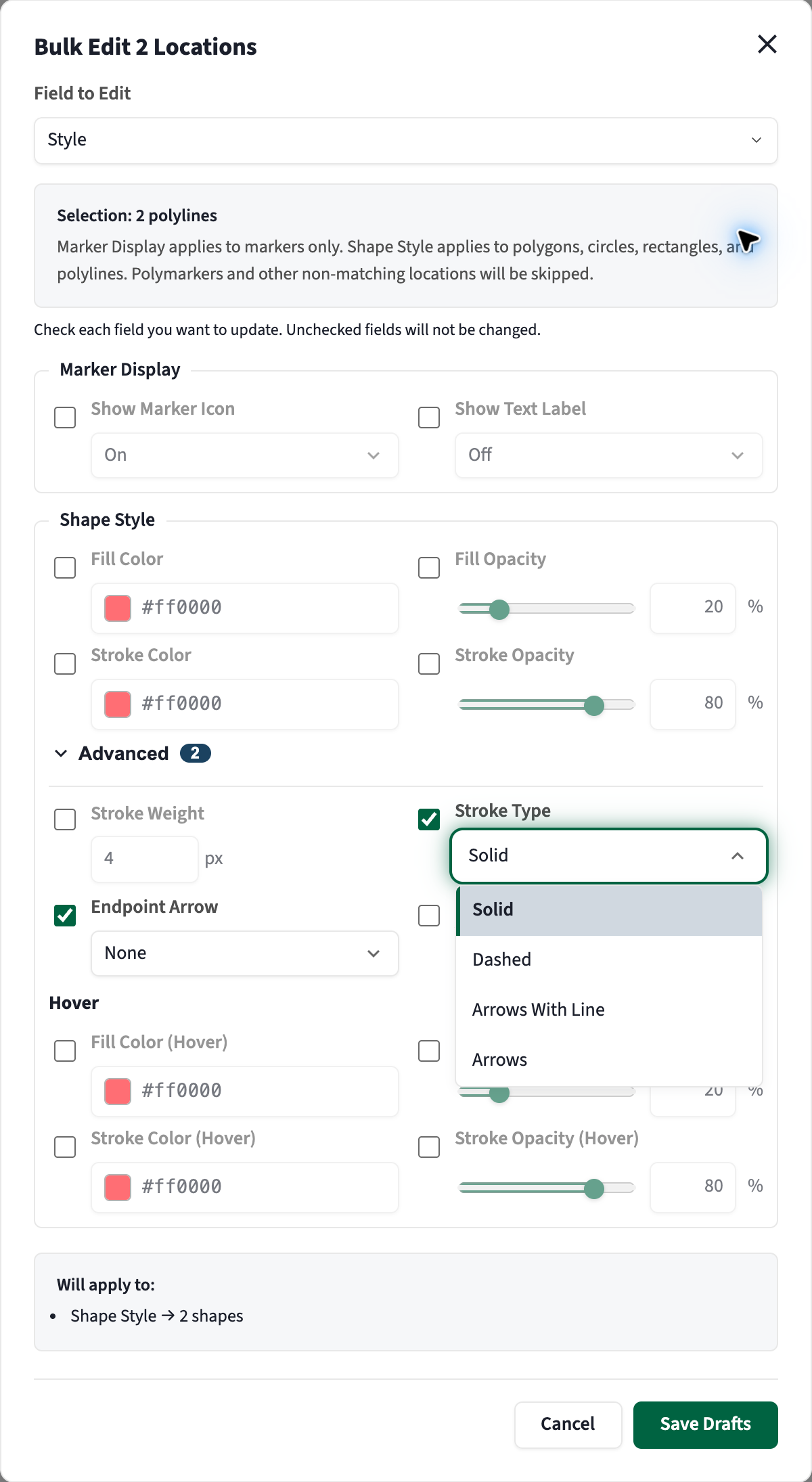 Bulk Edit Style Advanced controls with Stroke Type options Solid, Dashed, Arrows With Line, and Arrows.