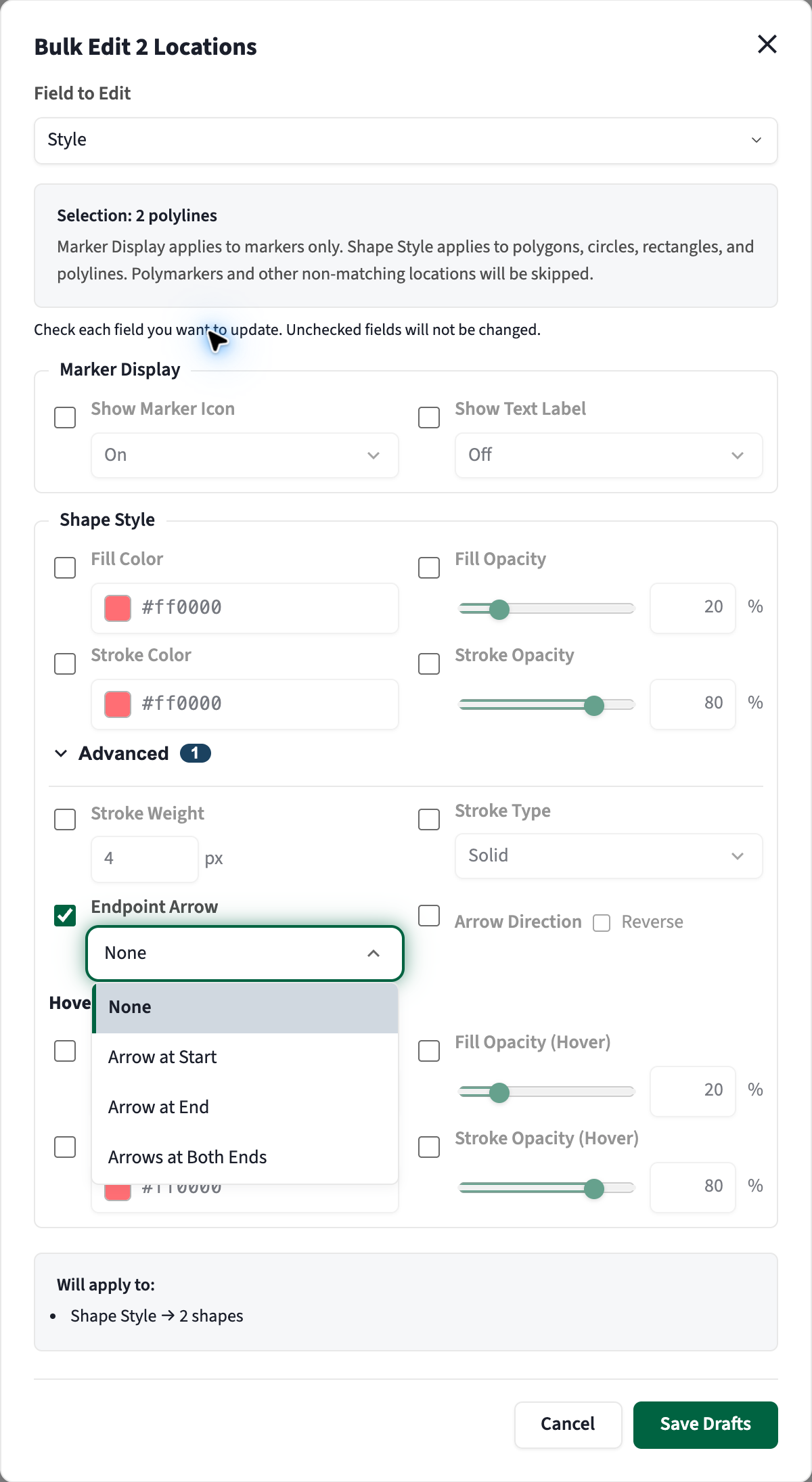 Bulk Edit Endpoint Arrow options: None, Arrow at Start, Arrow at End, and Arrows at Both Ends.