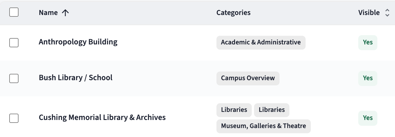 Location Manager table detail showing row-selection checkboxes, location names, categories, and visibility.