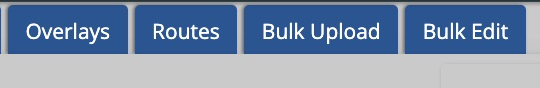 Map CMS toolbar close-up showing Bulk Edit beside Bulk Upload, Routes, and Overlays.